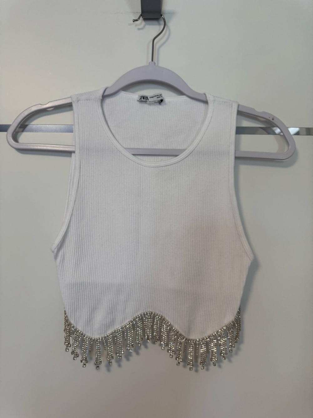 Zara White Ribbed Crop Tank with Silver Beaded Fringe